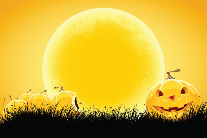 Smiley pumpkin on the dark grass - Big moon Halloween night
