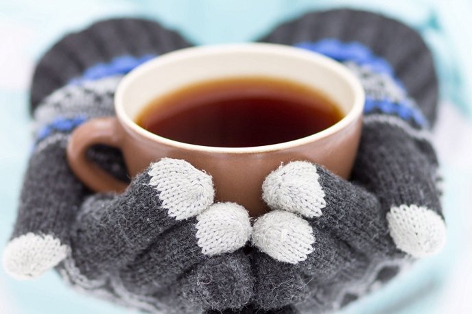 Winter gloves hold a cup of hot tea - HD wallpaper