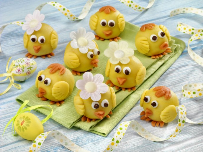 Happy chickens made from marzipan - Easter Holiday