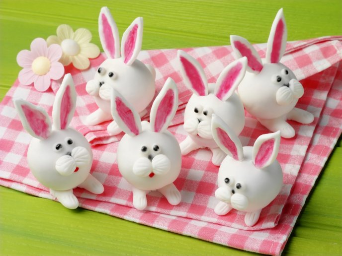 Funny bunny on picnic made from eggs - Happy Easter Holiday