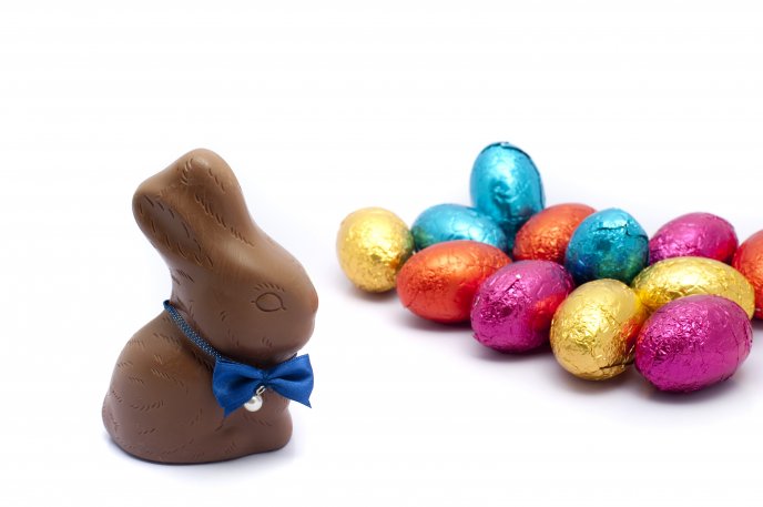 Chocolate Easter rabbit and eggs - Happy Spring Holiday