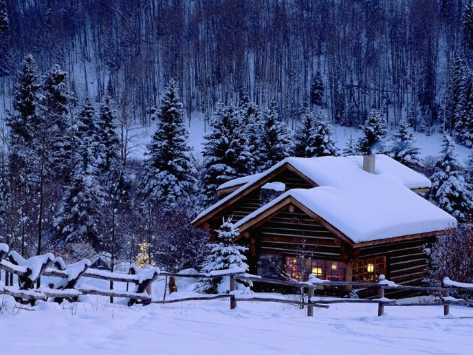 Wooden house in the middle of nature - White Winter season