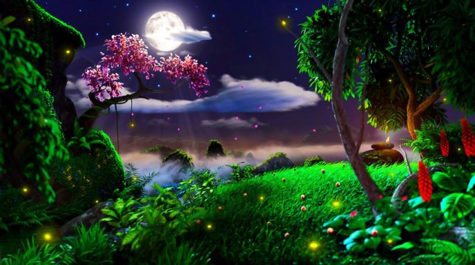 Blossom tree and big moon in the night