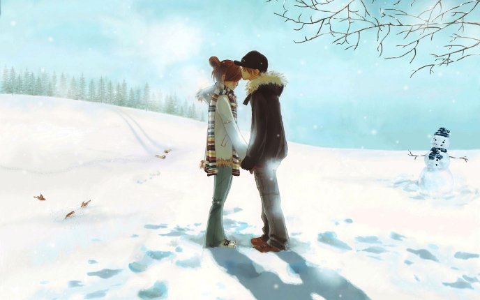 Anime boy and girl kiss you in a winter day - Snowman