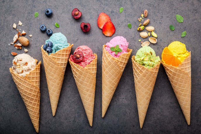 Six different ice cream flavours - summer cold dessert