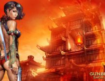 Gunblade Saga burning building, warrior girl - computer game