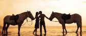 Romantic horses - lovers on the beach at sunset