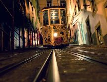 Drawn tram at night in the city HD wallpaper