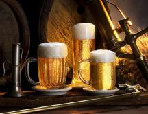 Three different mugs, same delicious beer HD wallpaper