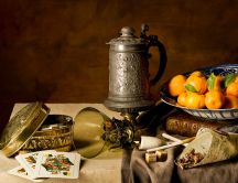 Collection of antiquities on a table HD wallpaper