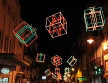 Lights arranged in the shape of gift above the city