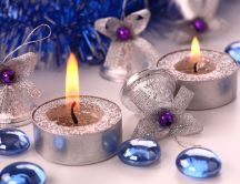 Silver ornaments and blue accessories for Christmas