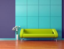 Green couch in an abstract room