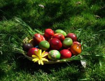 Straw basket filled with decorated eggs for Easter holiday