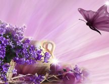Purple wallpaper - flowers, candle and butterfly