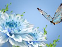 Blue butterfly and beautiful blue flowers