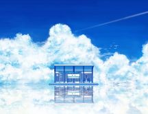 Anime girl in a bus stop - fluffy clouds