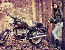 Girl with the motorcycle in the forest - photo shoot