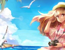 Anime blonde girl in a summer holiday