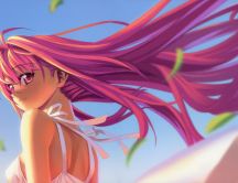 Wonderful anime girl with a long pink hair in the wind