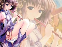 Anime girl sing at flute - beautiful purple dress