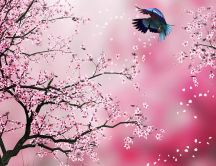 Little bird and blooming trees - HD abstract wallpaper