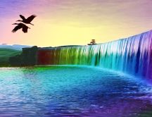 Rainbow waterfall and two lovely birds
