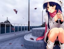 Anime girl freezing on a path of city - cold autumn