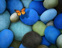 Little orange butterfly on the blue rocks - HD wallpaper