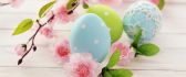 Blue color eggs - Happy Easter Holiday and blossom trees