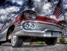 Old red car and the USA flag - HDR wallpaper