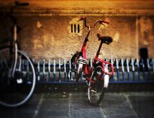 Red bicycle parked near the old wall - HD wallpaper