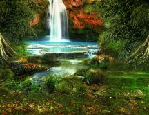 A beautiful waterfall in the green nature