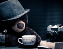 Coffee time for Teddy Bear with gray hat