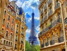 Tower Eiffel and beautiful buildings in Paris - Corner view