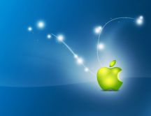Bright green apple logo on blue background