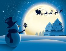 Snowman saw Santa Claus and reindeers fly on the sky