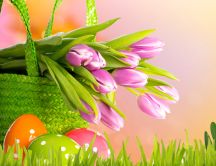 Bouquet of pink tulips and Easter eggs in the green grass