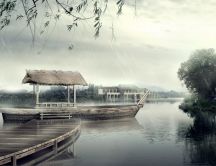 Artistic photo - wood boat on the lake