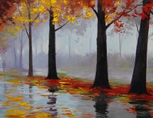 Original painting - Wonderful rain in the park-Autumn season