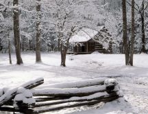 White house in the middle of the forest - Cold Winter season