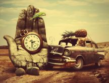 Rusty old car, clock hand and animals -Creative HD wallpaper