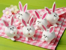 Funny bunny on picnic made from eggs - Happy Easter Holiday