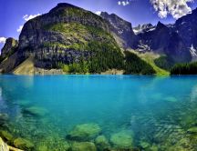 Moraine forest and wonderful blue lake water - HD wallpaper