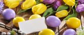 Beautiful Spring Tulip flowers and colored Easter eggs