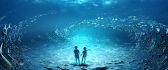 Anime boy and girl in the middle of the ocean with fishes