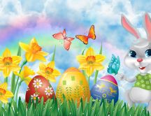 Happy Easter bunny - flowers and color eggs - HD wallpaper