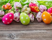 White dots on colored Easter eggs - Happy Spring Holiday
