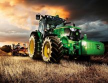 Big green tractor on the wheat field - HD wallpaper
