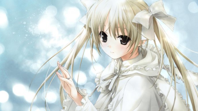 Anime blonde girl in white dress